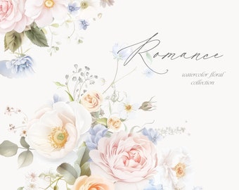 Watercolor Pastel Floral Clipart - Floral Arrangements - Dusty Blue, Light Pink, White Flowers - Watercolor Peony and Roses