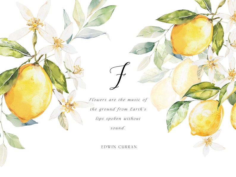 May include: A watercolor painting of a lemon tree branch with white blossoms and yellow lemons. The quote "Flowers are the music of the ground from Earth's lips spoken without sound." by Edwin Curran is written below the image.