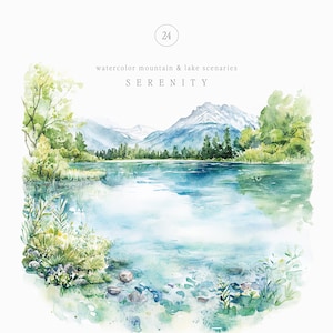 May include: Watercolor painting of a serene mountain lake scene with lush green trees, a blue lake, and snow-capped mountains in the background. The text "SERENITY" is written below the image.