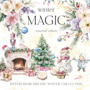 Clipart de acuarela de invierno - Clipart de Navidad - Copos de nieve dorados - Arreglos - Colección de invierno - Clipart acogedor - Licencia de venta ilimitada