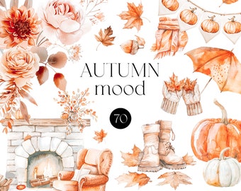 Autumn Watercolor Clipart - Cozy Fall Clipart - Autumn Bouquets Clipart - Fall Florals - Autumn Elements - Pumpkin - Unlimited Sales License