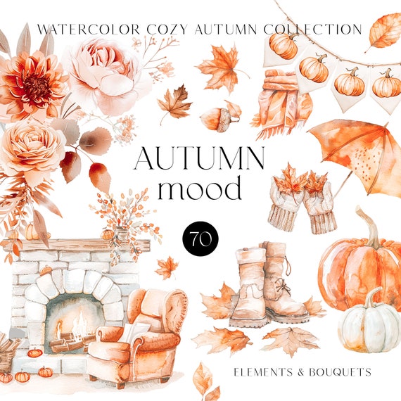 Autumn Watercolor Clipart - Cozy Fall Clipart - Autumn Bouquets Clipart - Fall Florals - Autumn Elements - Pumpkin - Unlimited Sales License