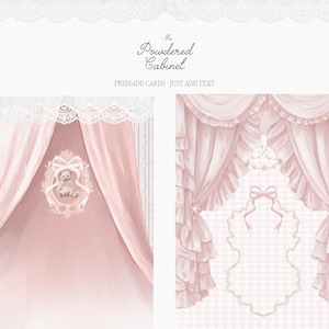 Pode incluir: Duas ilustra&ccedil;&otilde;es de cortinas rosa e molduras decorativas. Uma apresenta um ursinho de pel&uacute;cia numa moldura, a outra um candelabro e um fundo xadrez. O texto "the Powdered Cabinet" e "PREMADE CARDS - JUST ADD TEXT" s&atilde;o vis&iacute;veis.