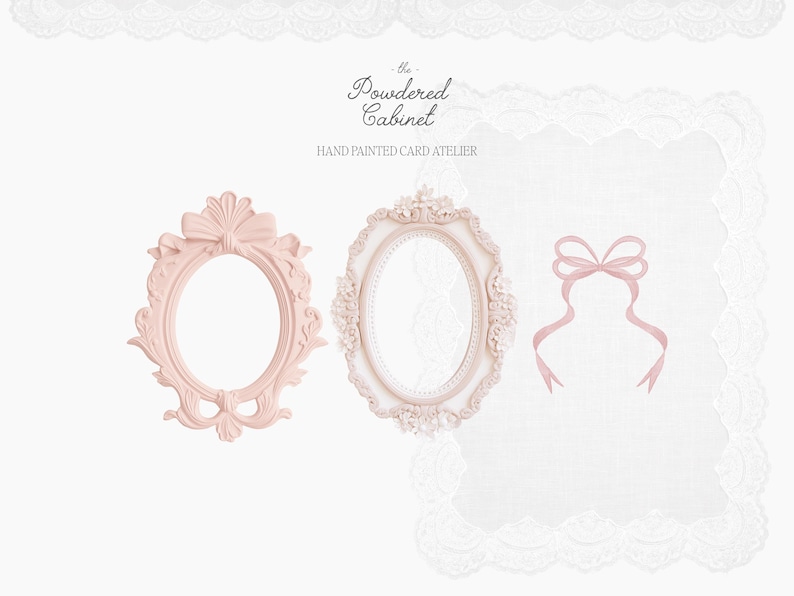 Pode incluir: A imagem mostra tr&ecirc;s elementos decorativos: duas molduras ovais ornamentadas em rosa claro e branco, e um la&ccedil;o de fita rosa. As molduras apresentam detalhes intrincados, e o texto "The Powdered Cabinet" &eacute; vis&iacute;vel.