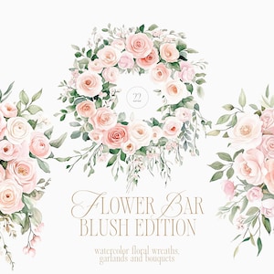 Watercolor Blush Flowers Clipart - Watercolor Blush Roses and Peonies, Blush Floral Arrangements and Wreaths - Blush Wedding Clipart