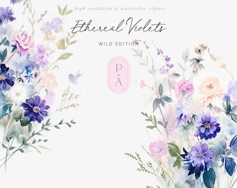 May include: Watercolor illustration of a bouquet of purple, pink, and white flowers with green leaves and stems. The flowers are arranged in a loose, natural style. The background is white. The text "Ethereal Violets Wild Edition" is written in black script at the top of the image. The text "P.A." is written in black script inside a pink oval at the center of the image.