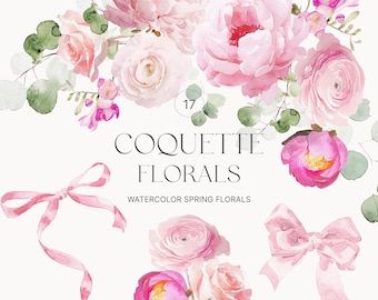 Watercolor Preppy Floral Collection - Coquette Flowers - Peony Watercolor Clipart - Preppy Clipart Set - Pink Ribbons Watercolor Clipart
