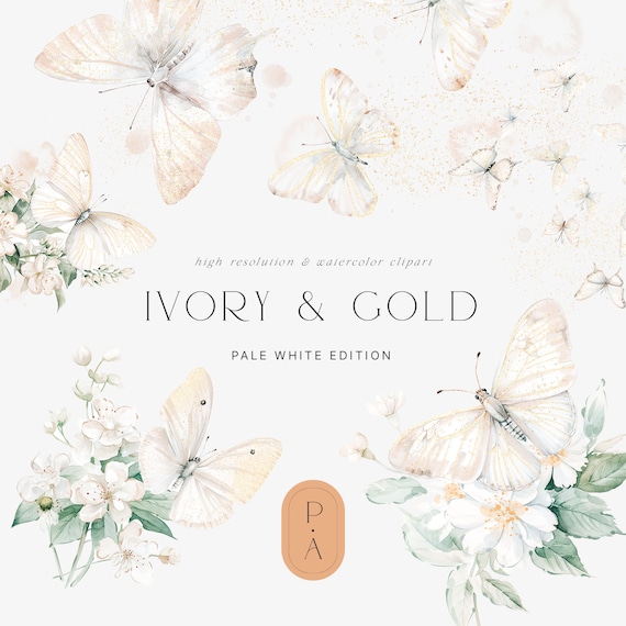 Watercolor Ivory White Gold Butterflies Clipart - Stickers Clipart - Watercolor Clipart -Watercolor Floral Clipart - Wedding Clipart