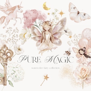 Clipart aquarelle fée et licorne - collection fée neutre - licornes aquarelles - fée - chambre de bébé et fête d'enfants