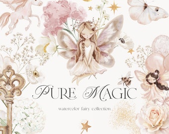May include: Watercolor illustration of a fairy with wings, a unicorn, a butterfly, flowers, and a key. The text "PURE MAGIC watercolor fairy collection" is written below the image.