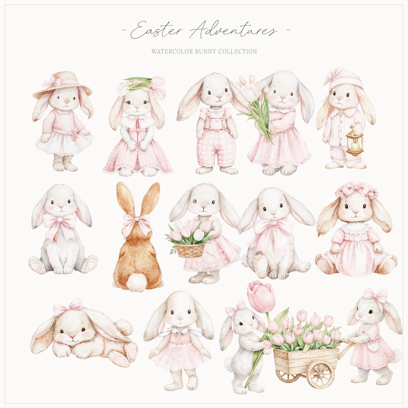 Op de afbeelding: Waterverfillustratie van verschillende konijntjes in roze outfits, jurken en overalls. Sommige konijntjes houden bloemen, een lantaarn en een mand vast. De tekst luidt "Easter Adventures - Watercolor Bunny Collection".