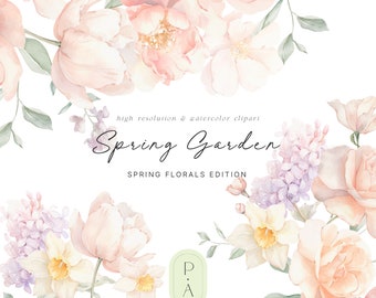 May include: Watercolor illustration of a spring garden with pink, white, and yellow flowers. The flowers are arranged in a bouquet with green leaves. The text "Spring Garden" is written in black cursive lettering with the words "Spring Florals Edition" below it. The letters "P.A." are written in a circle in the lower right corner.
