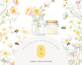 Honey Bees Watercolor Clipart - Bumble Bees Clipart - Honey Bees Clipart - Spring Clipart - Floral Clipart - Scrapbooking - Premade Clipart