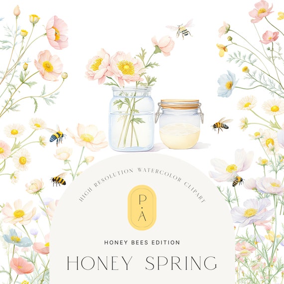 Honey Bees Watercolor Clipart - Bumble Bees Clipart - Honey Bees Clipart - Spring Clipart - Floral Clipart - Scrapbooking - Premade Clipart