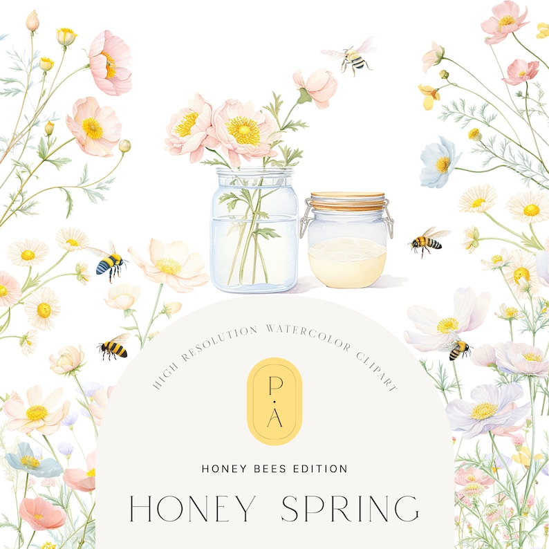 May include: Watercolor illustration of a honey bee theme with jars of honey, bees, and delicate white and pink flowers. The text "Honey Bees Edition" and "Honey Spring" are included in the image.