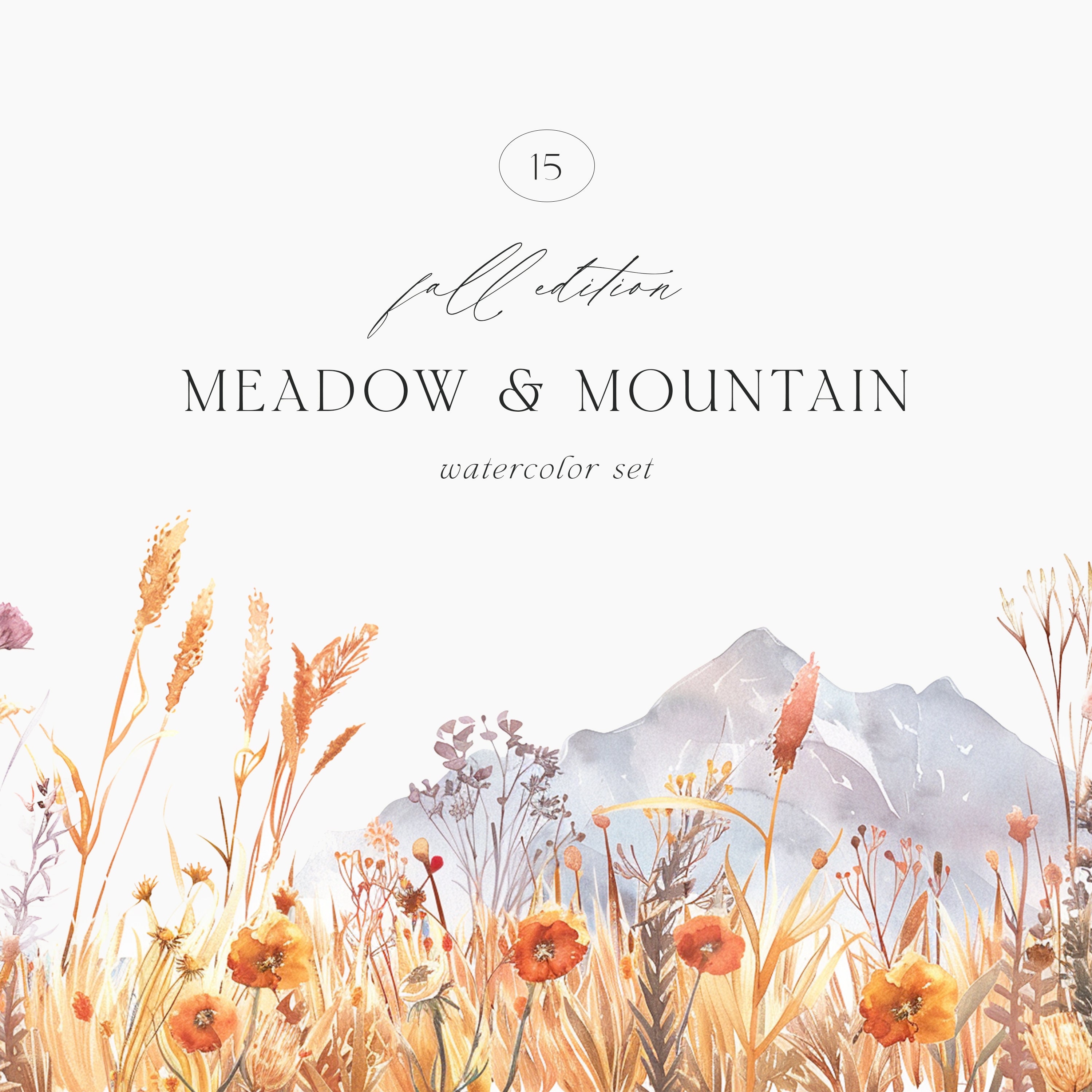 Watercolor Fall Wild Flowers and Mountains Clipart - Autumn Scenary - Autumn Clipart - Autumn Nature - Watercolor