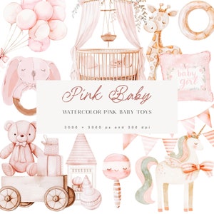 Clipart di giocattoli per bambini rosa - Giocattoli per bambini acquerello - Clipart per bambini rosa - Boho Baby Toy Clipart - Set di clipart per l'asilo nido - Licenza di vendita illimitata