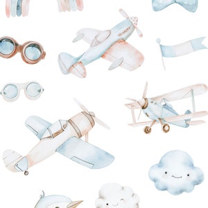 Bears & Airplane Watercolor Clipart - Airplane Clipart - Bear Pilot - Brown Bear Clipart - Nursery - Dusty Blue - Unlimited Sales License image 3