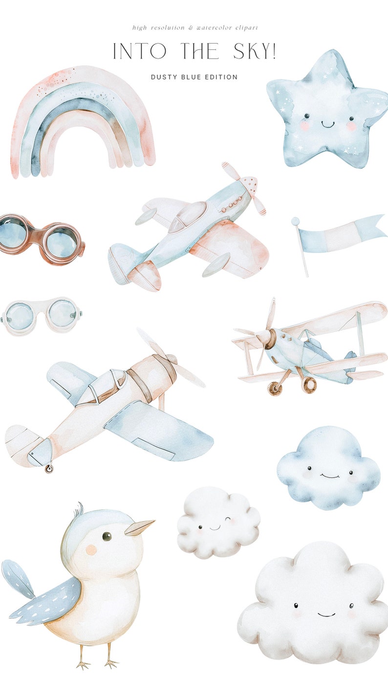 Bears & Airplane Watercolor Clipart - Airplane Clipart - Bear Pilot - Brown Bear Clipart - Nursery - Dusty Blue - Unlimited Sales License image 3