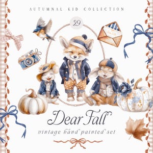 May include: A watercolour illustration of a fox, mouse, and rabbit in autumn outfits, with pumpkins, a camera, and a bluebird. The image includes the text "Dear Fall" and "Autumnal Kid Collection".