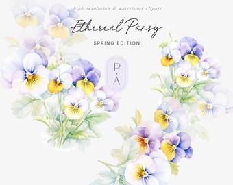 May include: Watercolor illustration of a bouquet of purple, white, and yellow pansies with green leaves. The illustration is labeled "Ethereal Pansy Spring Edition".
