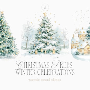 Aquarell geschmückte Weihnachtsbäume - Christmas TreesClipart - Clipart Sammlung - Weihnachts Clipart - Festlicher Winter