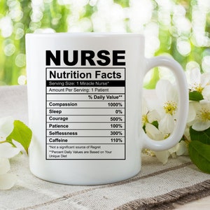 May include: White ceramic mug with a black graphic that reads "NURSE Nutrition Facts" and lists various qualities, such as compassion, sleep, courage, patience, selflessness, and caffeine, with a percentage daily value for each.