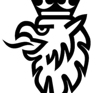May include: A black and white graphic of a crowned eagle's head. The eagle's head is in profile, with a detailed beak, eye, and feathers. The crown is a simple design with three trefoil shapes. The image is a bold, stylized emblem.