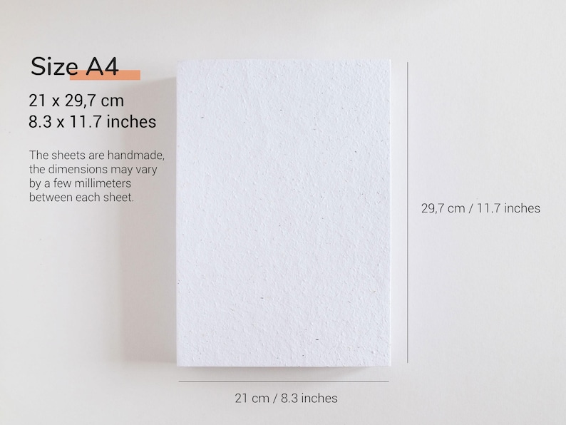 May include: A4 size white paper sheets, 8.3 x 11.7 inches, with handmade texture. The dimensions may vary slightly. The image includes the dimensions in both centimeters and inches.