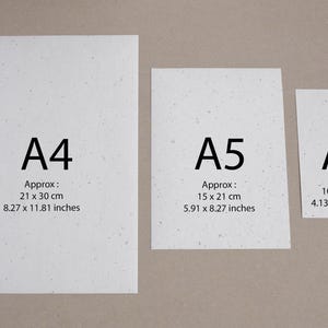 May include: Three white pieces of paper with the text "A4", "A5", and "A6" printed on them. The paper sizes are labeled with their approximate dimensions in centimeters and inches.