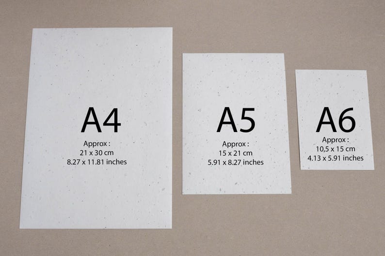 May include: Three white pieces of paper with the text "A4", "A5", and "A6" printed on them. The paper sizes are labeled with their approximate dimensions in centimeters and inches.