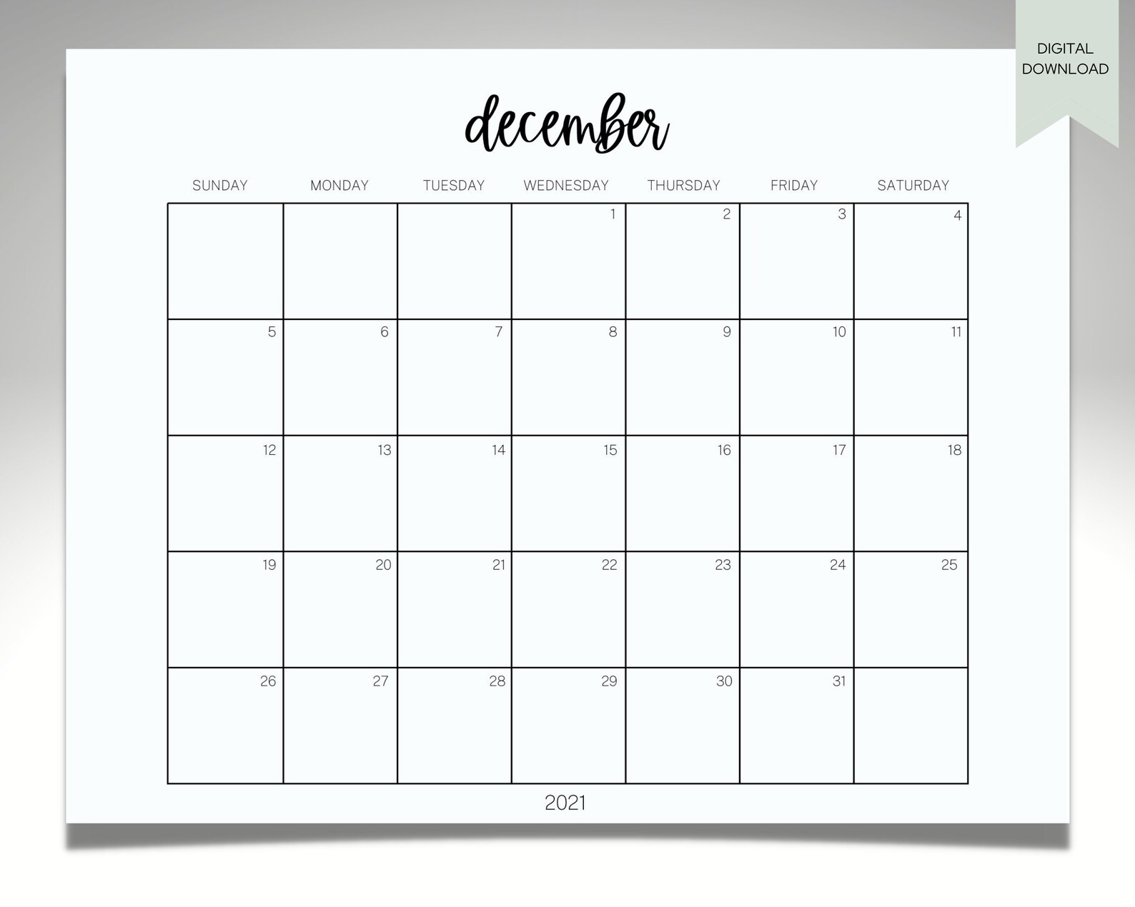 Blank December Calendar printable Downloadable Etsy