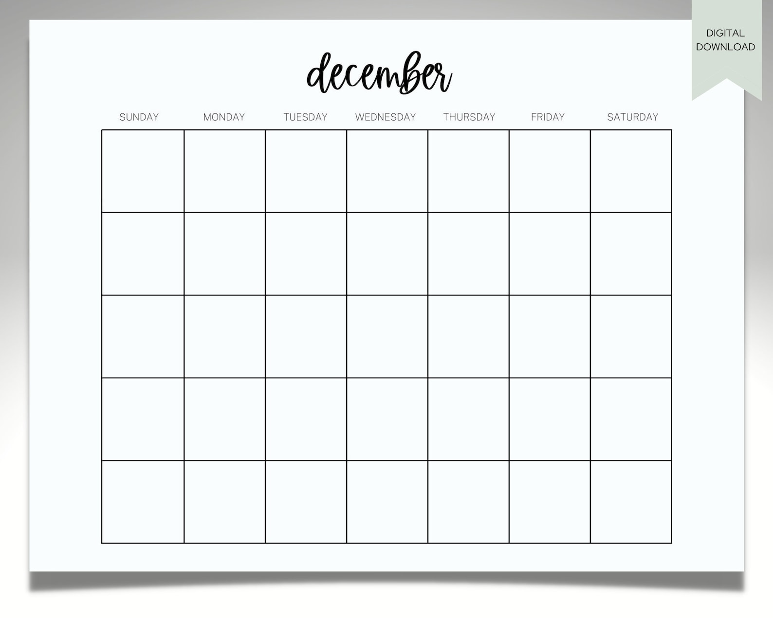 Blank December Calendar printable Downloadable Etsy