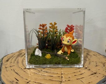 Chimchar Monferno Infernape Monkey Chimp Pokémon Fire Type Forest Scene Floral Terrarium Diorama in Small Square Plastic Display Box