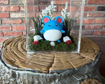 Marill Pokémon Water Type Forest Scene Floral Terrarium Diorama in Small Square Plastic Display Box
