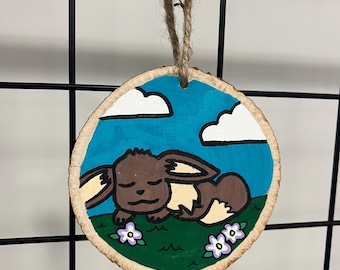 Eevee Sleeping in Flower Field Pokemon Normal Type Wood Slice Acrylic Painting Hangable Wall Art