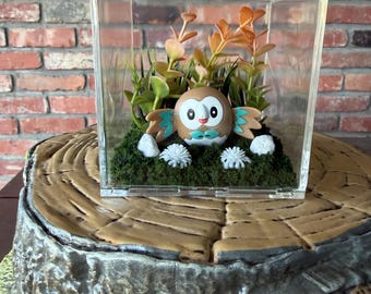 Rowlet Pokémon Grass Type Flying Type Forest Scene Floral Terrarium Diorama in Small Square Plastic Display Box