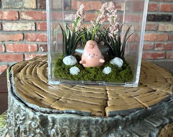 Cleffa Baby Pokémon Fairy Type Forest Scene Floral Terrarium Diorama in Small Square Plastic Display Box