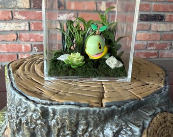 Turtwig Pokémon Grass Type Turtle Forest Scene Floral Terrarium Diorama in Small Square Plastic Display Box
