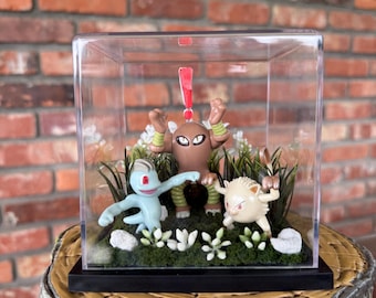 Fighting Type Machop Hitmonlee Mankey Battle Scene Pokémon Gen 1 Forest Floral Terrarium Diorama in Square Plastic Display Box