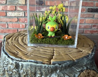 Grookey Pokémon Grass Type Monkey Forest Scene Floral Terrarium Diorama in Small Square Plastic Display Box