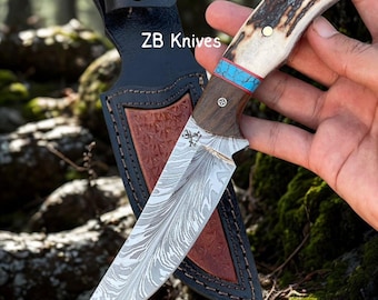 9” Custom Handmade Damascus Steel Hunting & Skinning Knife – Feather Pattern – Exotic Wood Handle – Outdoor Survival Gift for Him