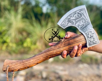 Engraved Viking Battle Axe: High Carbon Steel, Ash Wood Handle