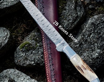Boning Knife – Fillet Knife with Damascus Steel Blade & Deer Horn Handle