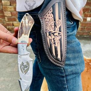 9&quot; Custom Handmade Damascus Steel Guthook Hunting/ Camping Knife with Deer Horn Handle | Gift For Him, Birthday Gift