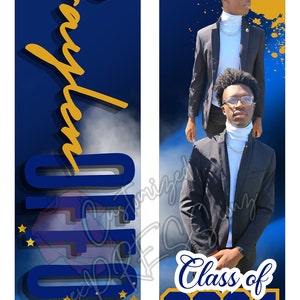 May include: A graduation banner in blue and gold colours. The banner features the name "Braylen" in gold lettering, the text "Class of 2024" in blue and gold lettering, and a jaguar mascot with the word "Jaguars" in gold lettering. The banner is decorated with gold stars and splashes of gold paint.