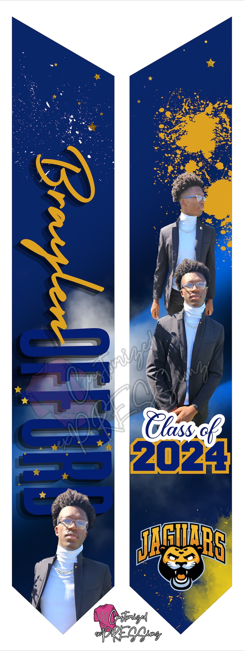 May include: A graduation banner in blue and gold colours. The banner features the name "Braylen" in gold lettering, the text "Class of 2024" in blue and gold lettering, and a jaguar mascot with the word "Jaguars" in gold lettering. The banner is decorated with gold stars and splashes of gold paint.