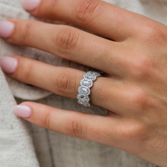 Oval Cut Wedding Band Unique Stacked Moissanite Wedding Ring Etsy