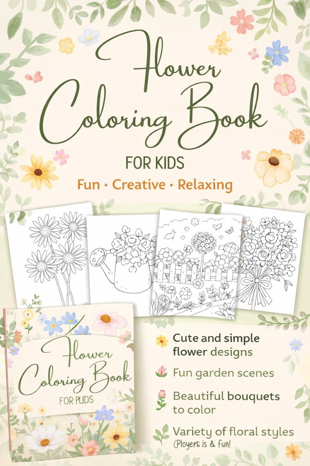 Flower Themed Coloring Book for Kids - Etsy