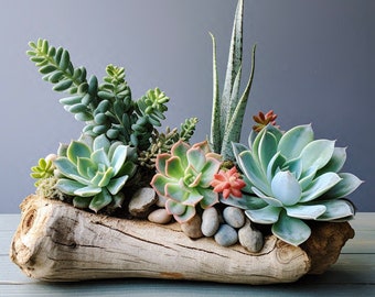 Handmade Natural Eucalyptus Wood Succulents Arrangement Centerpiece